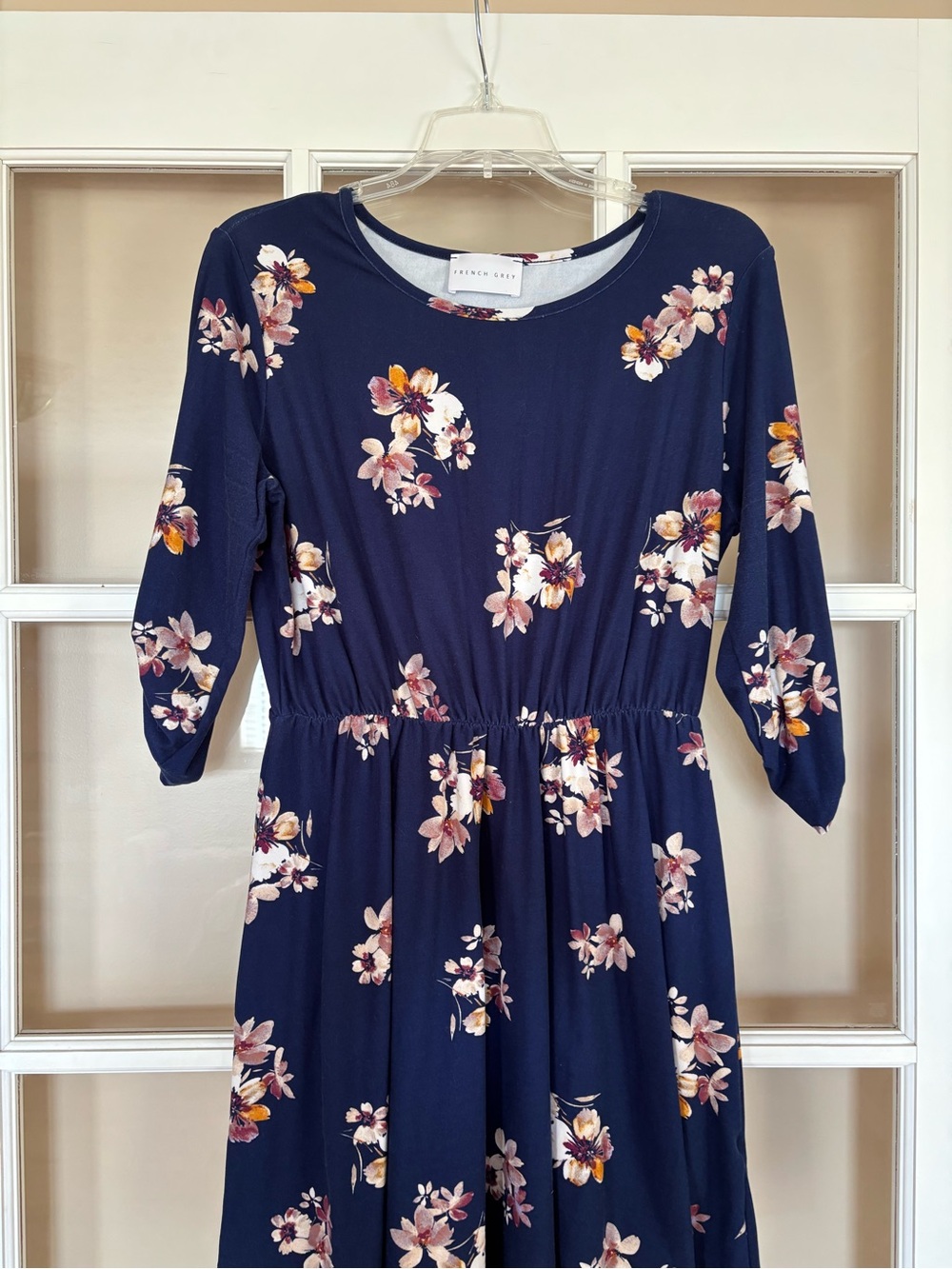 French Grey Navy Floral Tunic Dress with Pink and Yellow Blooms